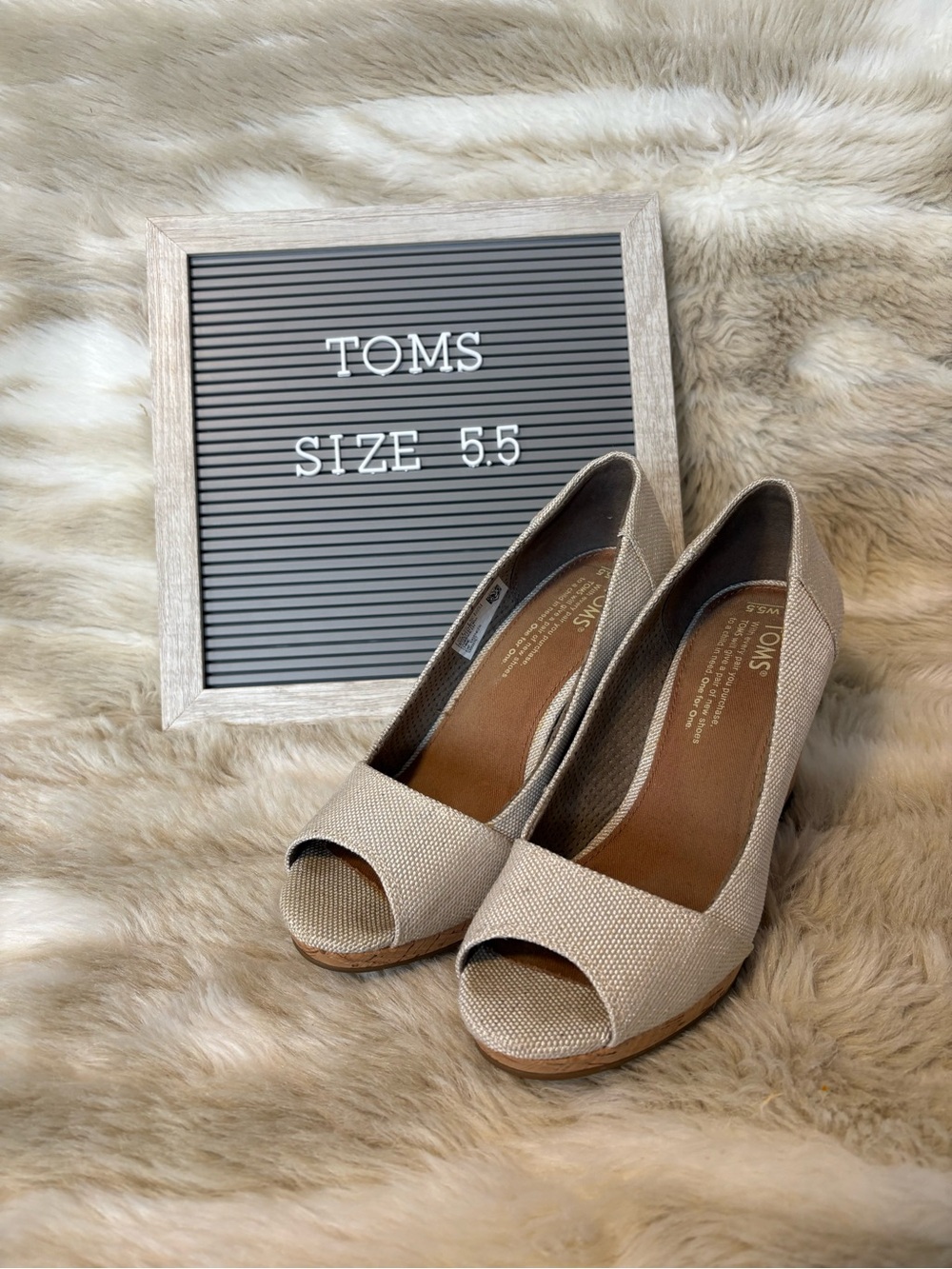 TOMS Beige Peep-Toe Canvas Wedges